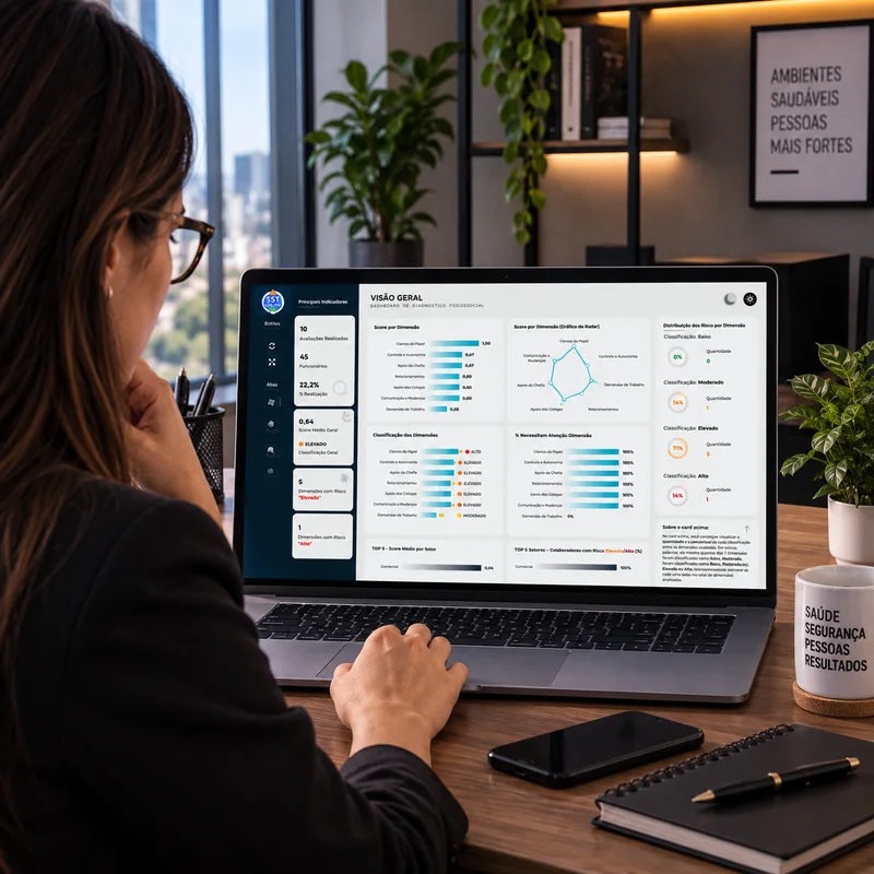 Dashboard NR-01 sendo utilizada para analisar riscos psicossociais